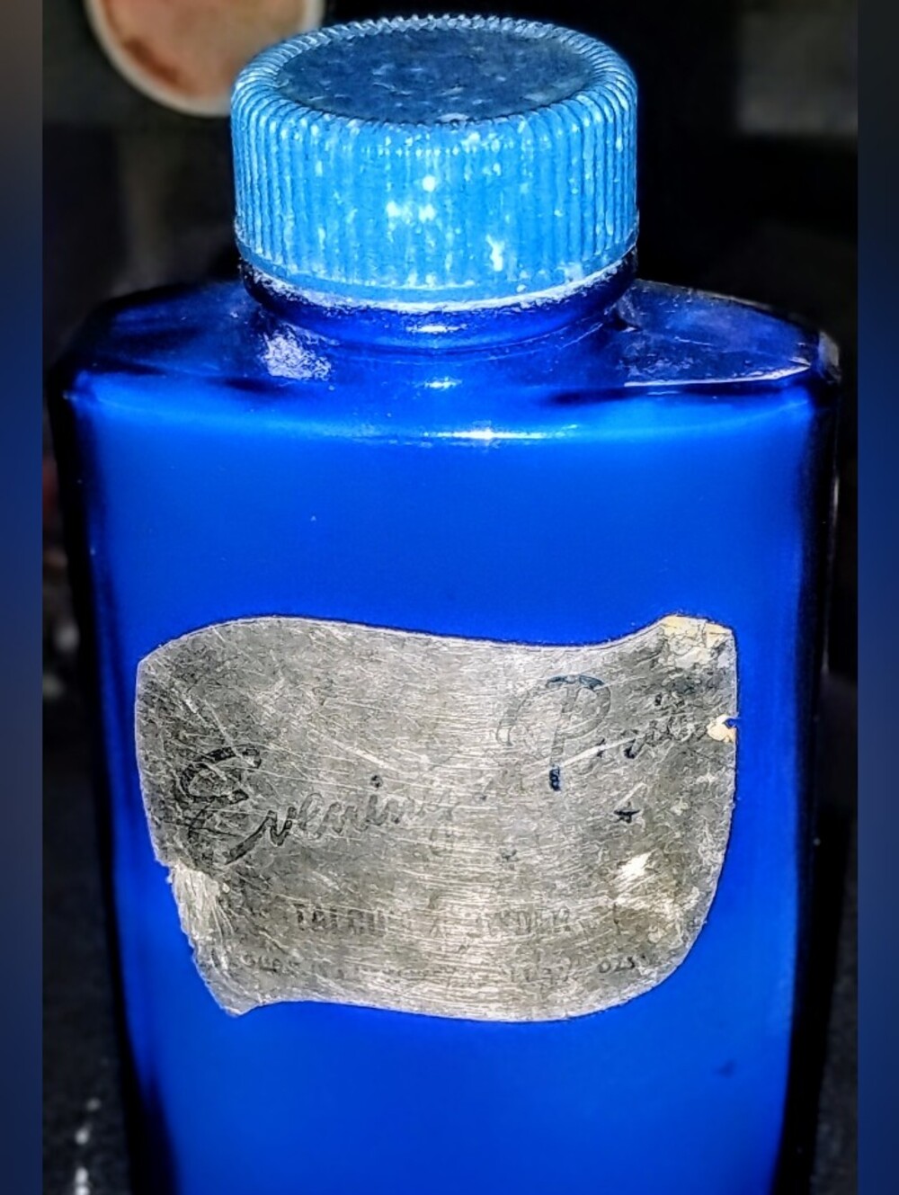 Vintage Bourjois Evening In Paris Talcum Powder Cobalt Blue Bottle FuLL